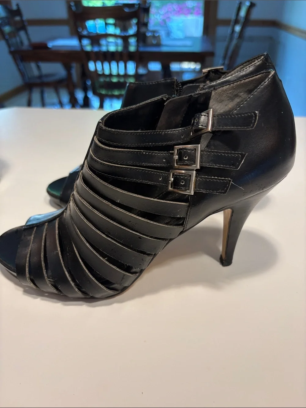 Nine West Black Strappy Peep-Toe Stiletto Booties